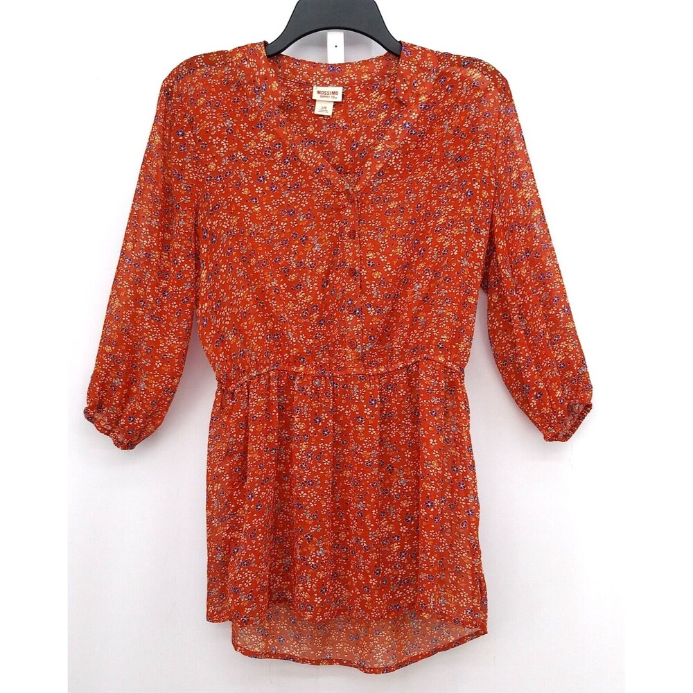 Mossimo Womens Size L Red Floral Blouson Chinch Waist V Neck Blouse Top
